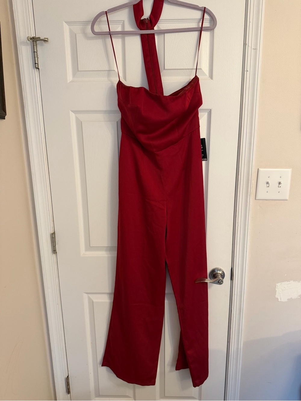 Express Red Satin Halter & Spaghetti Strap Wide-Leg Jumpsuit